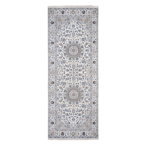 Wool And Silk 250 KPSI Ivory Nain Runner Hand-Knotted Oriental Rug Wool And Silk 250 KPSI Ivory Nain Runner Hand-Knotted Oriental Rug