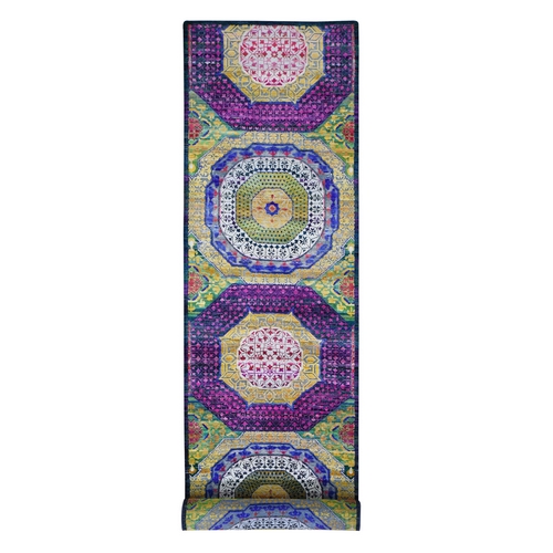 Sari Silk with Textured Wool Mamluk Design XL Runner Oriental Rug