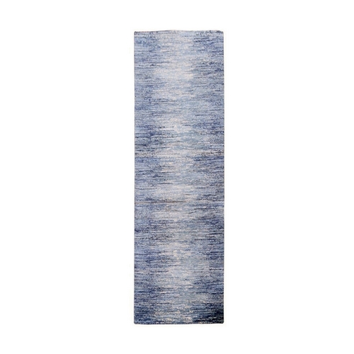 Blue with Touches of Ivory Horizontal Ombre Design Pure Wool Hand Knotted Runner Oriental Rug