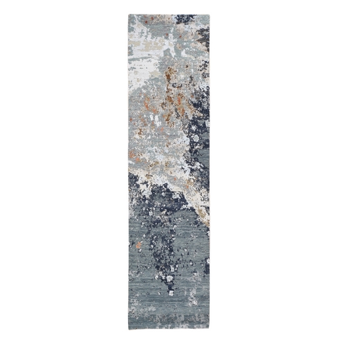Gray Dense Weave Abstract Design Wool and Silk Hand Knotted Runner Oriental Rug Gray Dense Weave Abstract Design Wool and Silk Hand Knotted Runner Oriental Rug
