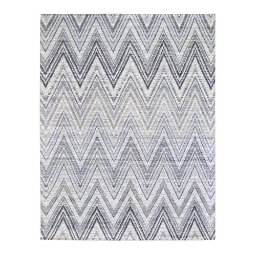 Gray-Blue Chevron Design Textured Wool and Pure Silk Hand Knotted Oriental Rug Gray-Blue Chevron Design Textured Wool and Pure Silk Hand Knotted Oriental Rug