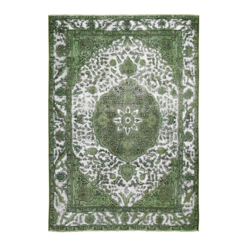 Pistachio Green Overdyed Persian Tabriz Barjasta Worn Wool Hand Knotted Oriental 