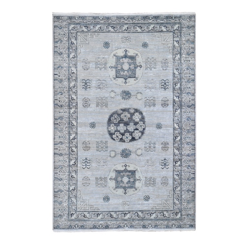 Pure Silk With Textured Wool Khotan Design Hand Knotted Oriental Rug Pure Silk With Textured Wool Khotan Design Hand Knotted Oriental Rug