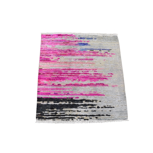 Erased Horizontal Line Design ,Pink Sari Silk With Textured Wool Oriental Rug Erased Horizontal Line Design ,Pink Sari Silk With Textured Wool Oriental Rug