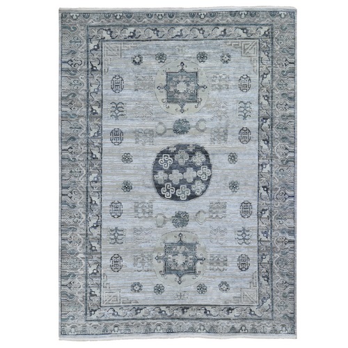 Pure Silk with Textured Wool Khotan Design Hand Knotted Oriental Rug Pure Silk with Textured Wool Khotan Design Hand Knotted Oriental Rug