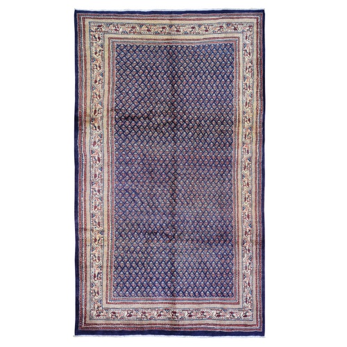 Navy Blue Semi Antique Seraband All Over Botteh Design Pure Wool Hand Knotted Wide Runner Oriental 