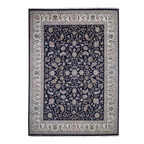 Midnight Blue Pure Wool 250 KPSI Nain with All Over Flower Design Hand Knotted Oriental Rug