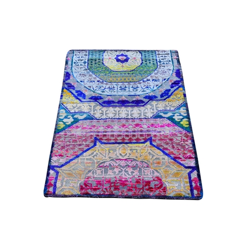 Colorful Sari Silk with Textured Wool Hand Knotted Mamluk Design Oriental Rug Colorful Sari Silk with Textured Wool Hand Knotted Mamluk Design Oriental Rug