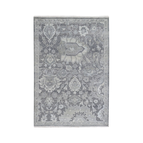 Gray Oushak Influence Silk with Textured Wool Hand Knotted Oriental Rug