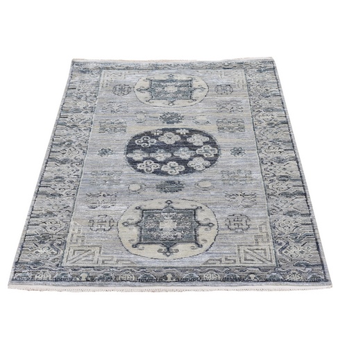 Khotan Design Pure Silk with Textured Wool Gray Hand Knotted Oriental Rug Khotan Design Pure Silk with Textured Wool Gray Hand Knotted Oriental Rug