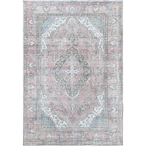 Red Clean Pure Wool Shabby Chic Worn Down Old Persian Tabriz Medallion Design Distressed Hand Knotted Oriental 