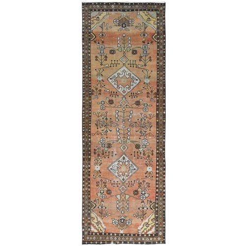 Apricot Color, Vintage Persian Bibikabad Cropped Thin, Distressed Look Worn Wool Hand Knotted, Wide Runner Oriental 