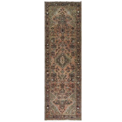 Earth Tone Colors, Hand Knotted Vintage Persian Hamadan, Cropped Thin Distressed Look Worn Wool, Wide Runner Oriental 