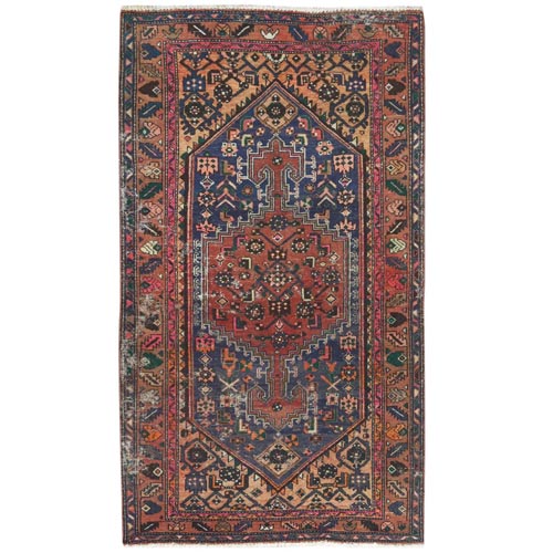Burnt Red, Vintage Persian Hamadan Sheared Low, Distressed Look Worn Wool Hand Knotted, Gallery Size Runner Oriental 