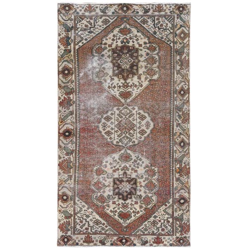 Terracotta Red, Worn Wool Hand Knotted Vintage Persian Bakhtiar, Sheared Low Distressed Look, Gallery Size Runner Oriental 