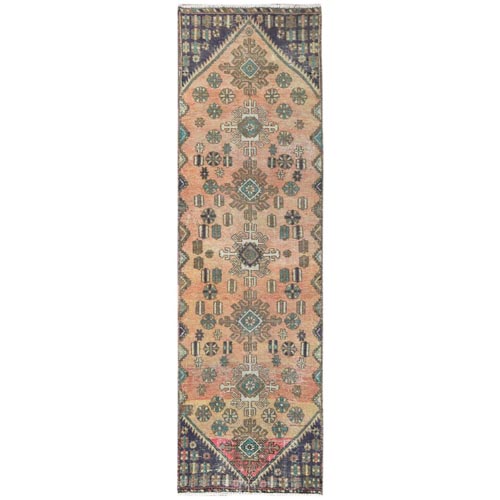 Sunset Colors, Distressed Look Worn Wool Hand Knotted, Vintage Persian Bakhtiar Sheared Low, Narrow Runner Oriental 