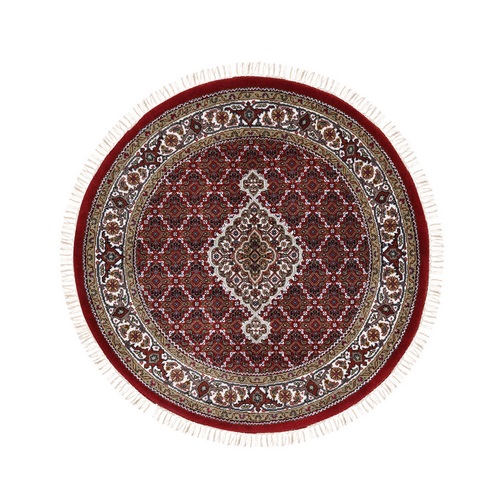 Red Wool And Silk Fish Medallion Design Tabriz Mahi Hand Knotted Oriental Round Rug