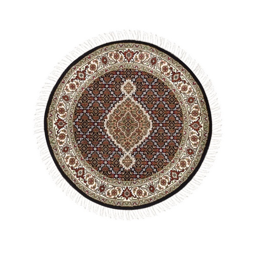 Black Fish Medallion Design Tabriz Mahi Hand Knotted Wool And Silk Oriental Round Rug