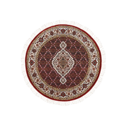 Round Hand Knotted Red Tabriz Mahi Fish Medallion Design Wool And Silk Oriental Rug