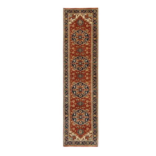 Hand Knotted Red Antiqued Heriz Re-Creation Organic Wool Oriental Runner Rug