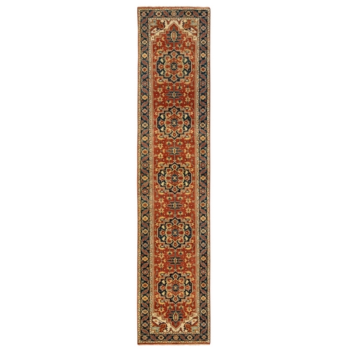 Organic Wool Red Antiqued Heriz Re-Creation Hand Knotted Oriental Runner Rug Organic Wool Red Antiqued Heriz Re-Creation Hand Knotted Oriental Runner Rug