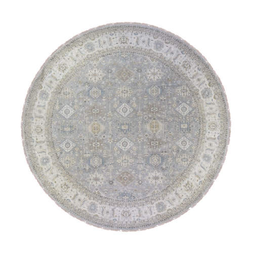 Gray Karajeh Design Pure Wool Hand Knotted Oriental Round Rug