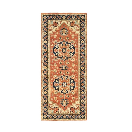 Antiqued Red Heriz Re-Creation Soft And Supple Wool Hand Knotted Oriental Runner Rug