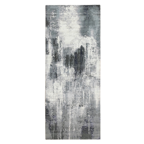 Gray with Charcoal Black Hand Knotted Abstract Design Wool and Silk Oriental Runner Rug