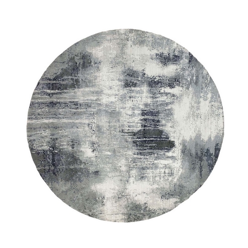 Charcoal Black Hand Knotted Abstract Design Wool and Silk Oriental Round Rug