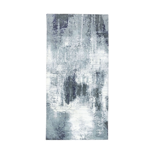 Gray-Ivory Hand Knotted Abstract Design Wool and Silk Oriental Runner Rug