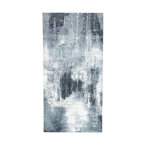 Charcoal Black Abstract Design Wool and Silk Hand Knotted Oriental Runner Rug