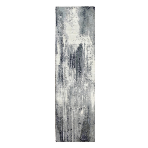 Charcoal Black Abstract Design Wool and Silk Hand Knotted Runner Oriental Rug