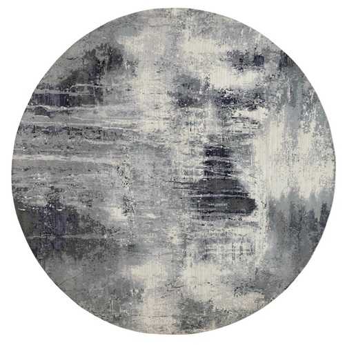 Charcoal Black with Gray Abstract Design Wool and Silk Hand Knotted Oriental Round Rug