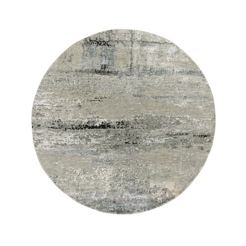 Gray, Wool & Silk Modern Abstract Design Hand Knotted Oriental Round Rug