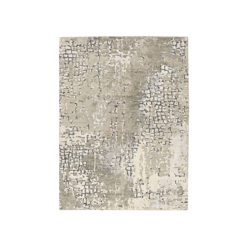Taupe Wool and Silk Abstract with Mosaic Design Hand Knotted Mat Oriental Rug