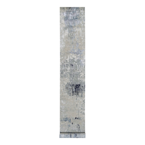 Gray Wool and Silk Modern Abstract Design Hand Knotted XL Runner Oriental Rug