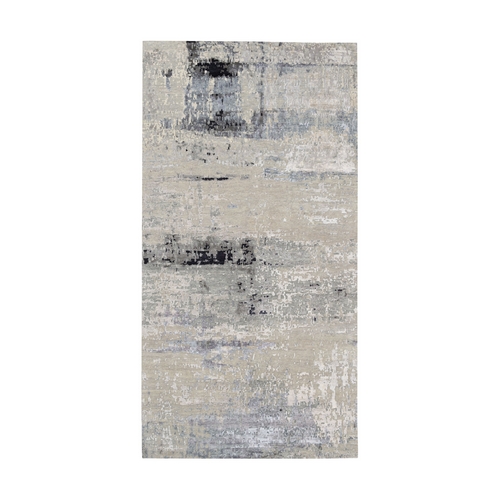 Abstract Design Silver Gallery Size Runner Hand Knotted Hi-Low Pile Wool and Silk Oriental Rug
