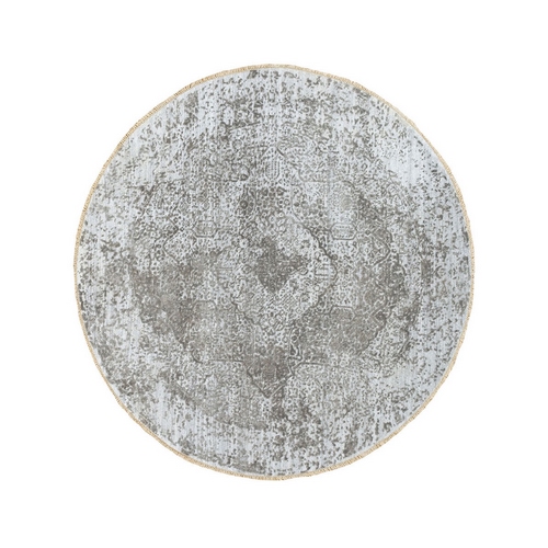 Round Grey Broken Persian Design Wool And Pure Silk Hand Knotted Oriental Rug