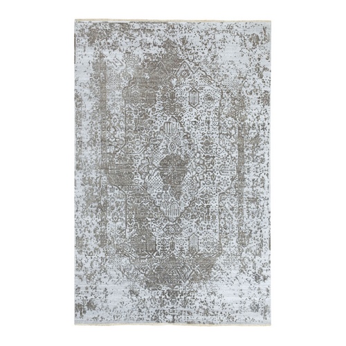 Grey Broken Persian Design Wool And Pure Silk Hand Knotted Oriental Rug