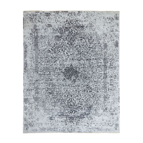Hand Knotted Grey Broken Persian Design Wool And Pure Silk Oriental Rug