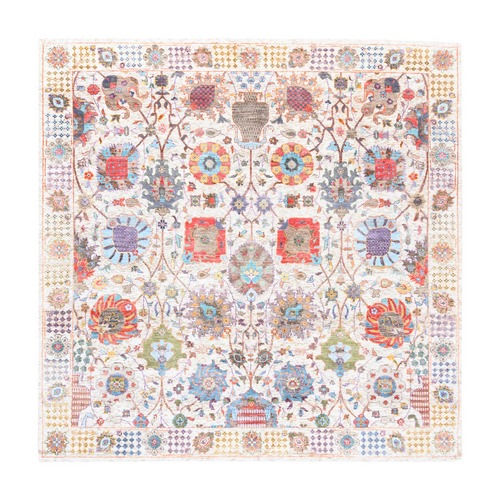 Colorful Silk With Textured Wool Tabriz Vase With Flower Design Hand Knotted Oriental Square Rug