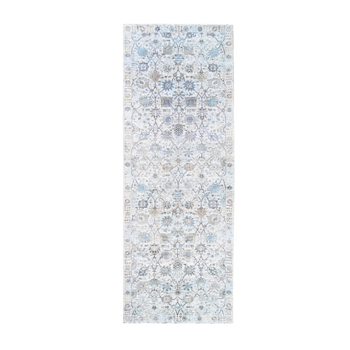 Ivory Silk With Textured Wool Tabriz Vase And Pomegranate Design Hand Knotted Oriental Wide Runner Rug