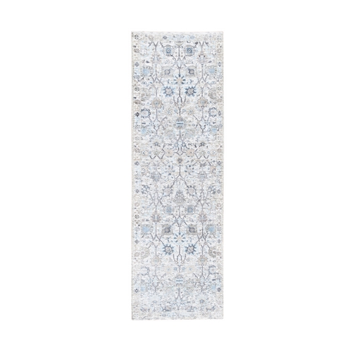 Hand Knotted Ivory Silk With Textured Wool Tabriz Vase And Pomegranate Design Oriental Runner Rug