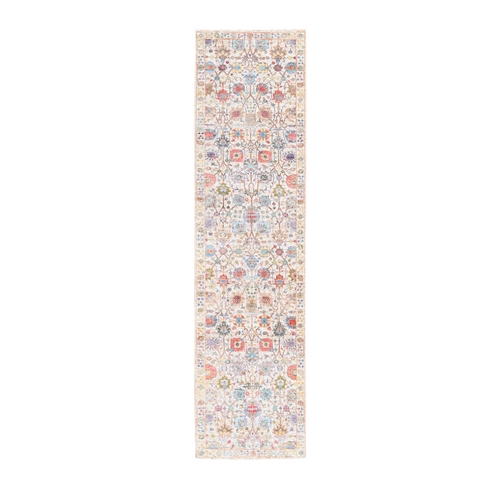 Colorful Silk with Textured Wool Tabriz Vase and Flower Design Hand Knotted Runner Oriental Rug