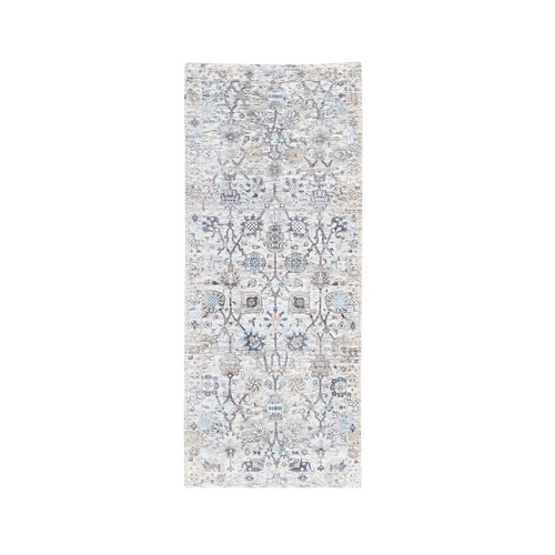 Ivory Silk With Textured Wool Tabriz Vase And Pomegranate Design Hand Knotted Oriental Runner Rug