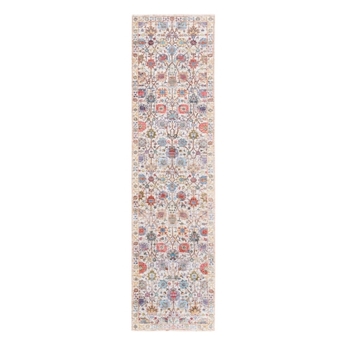 Hand Knotted Colorful Silk With Textured Wool Tabriz Vase With Flower Design Oriental Runner Rug
