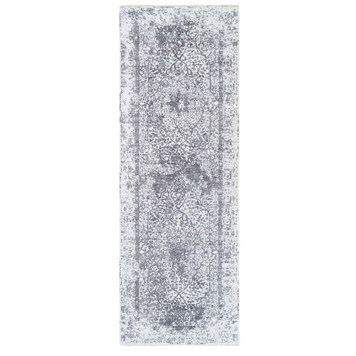 Grey Wool And Pure Silk Broken Persian Design Hand Knotted Oriental Wide Gallery Size Runner Rug