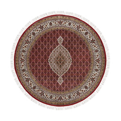 Wool And Silk Fish Medallion Design Tabriz Mahi Red Hand Knotted Oriental Round Rug