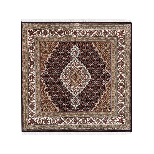 Hand Knotted Black Wool And Silk Fish Medallion Design Tabriz Mahi Oriental Square Rug