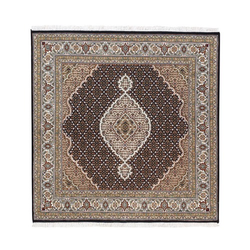 Tabriz Mahi Fish Medallion Design Black Hand Knotted Wool Oriental Square Rug